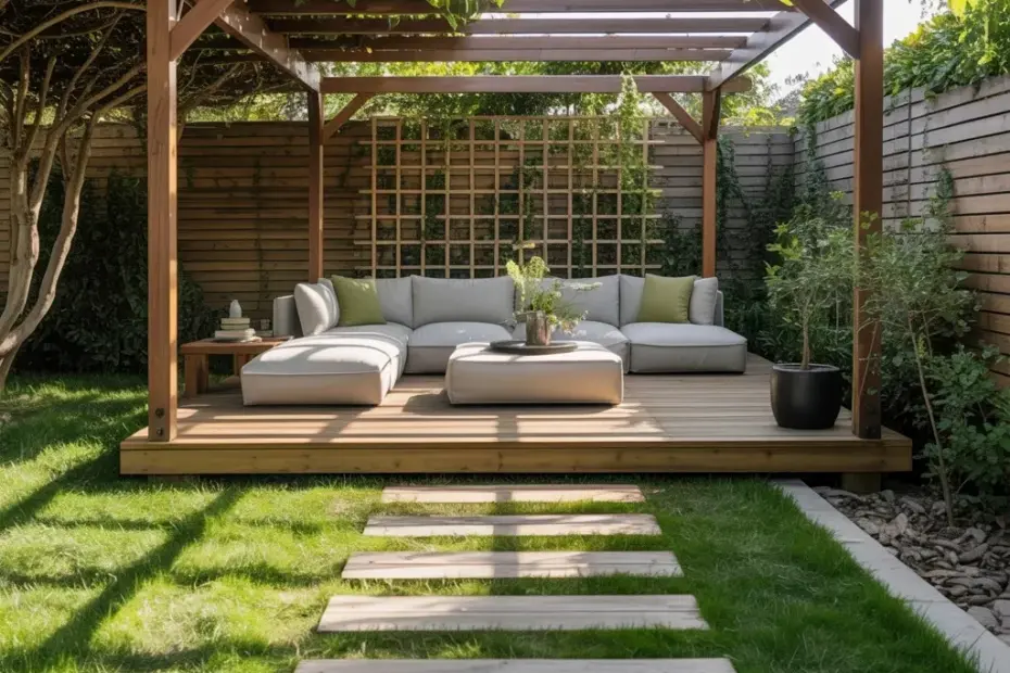Modern wooden pergola over an elevated deck with sage green outdoor sofa