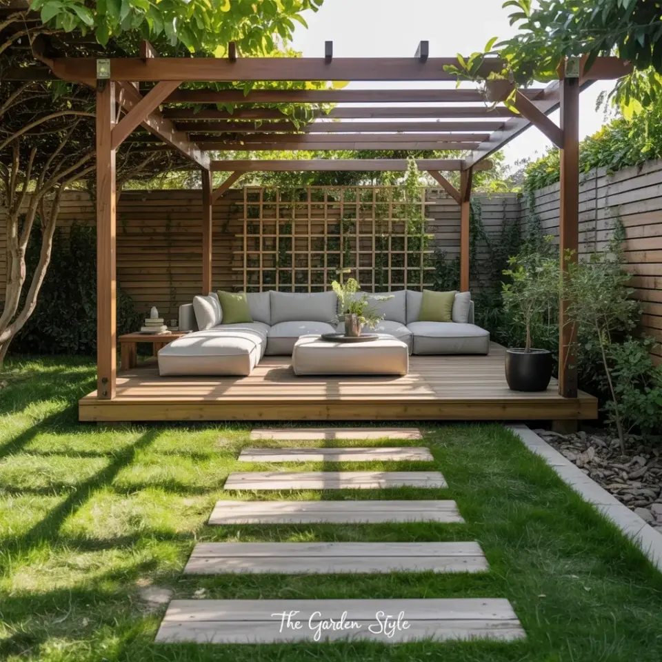 Modern wooden pergola over an elevated deck with sage green outdoor sofa