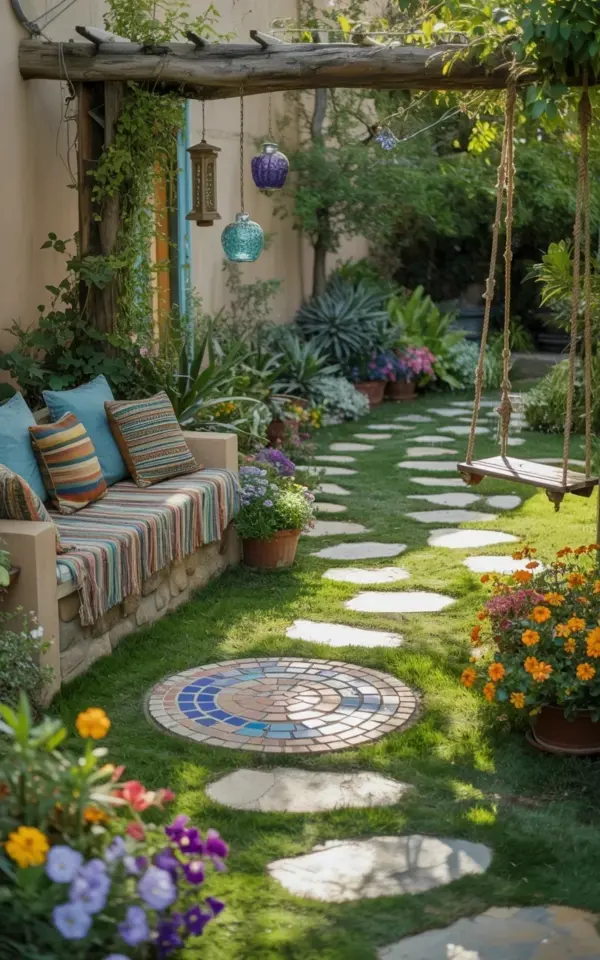 Bohemian Garden Pathway with Stone Bench & Hanging Lanterns | Patio Decor Ideas for Summer