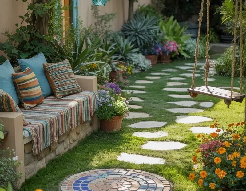 Bohemian Garden Pathway with Stone Bench & Hanging Lanterns | Patio Decor Ideas for Summer