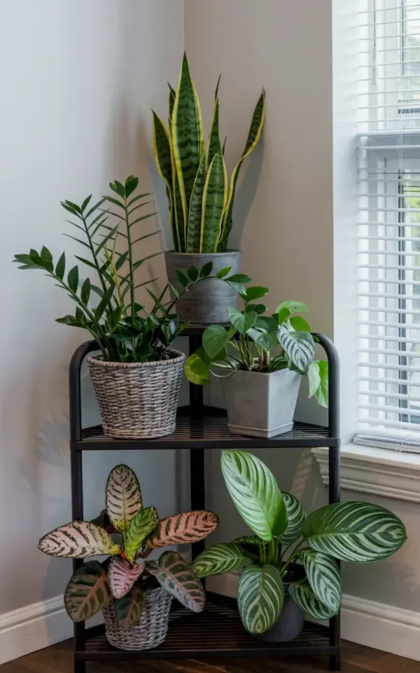 Black metal corner shelf plant display with snake plant, ZZ plant and pothos 🌱