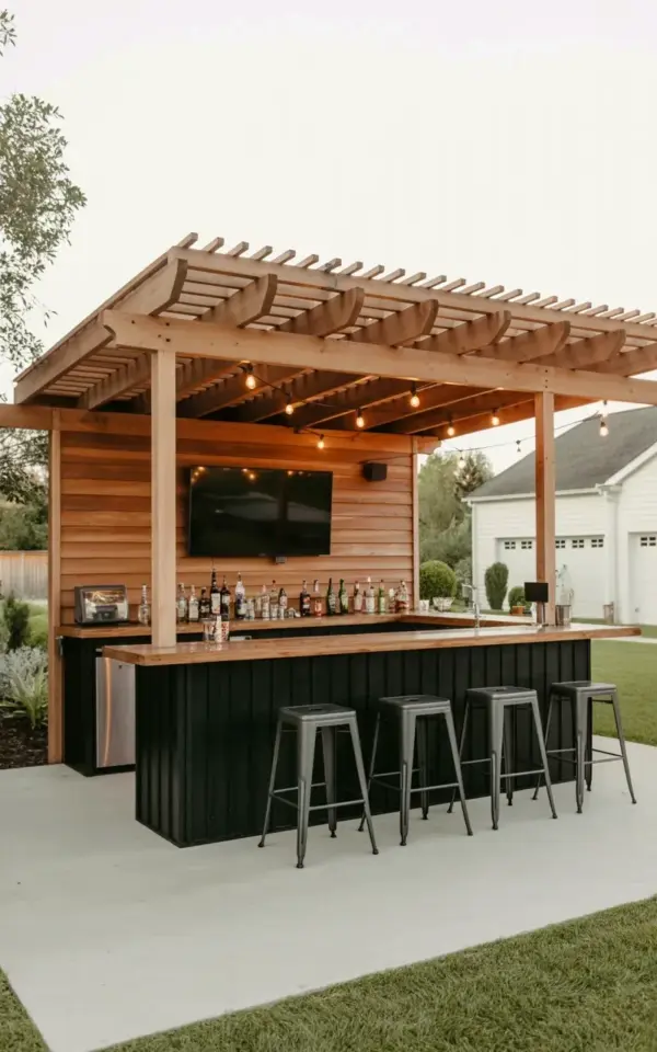 modern outdoor bar pavilion with TV and cedar siding – backyard entertaining setup