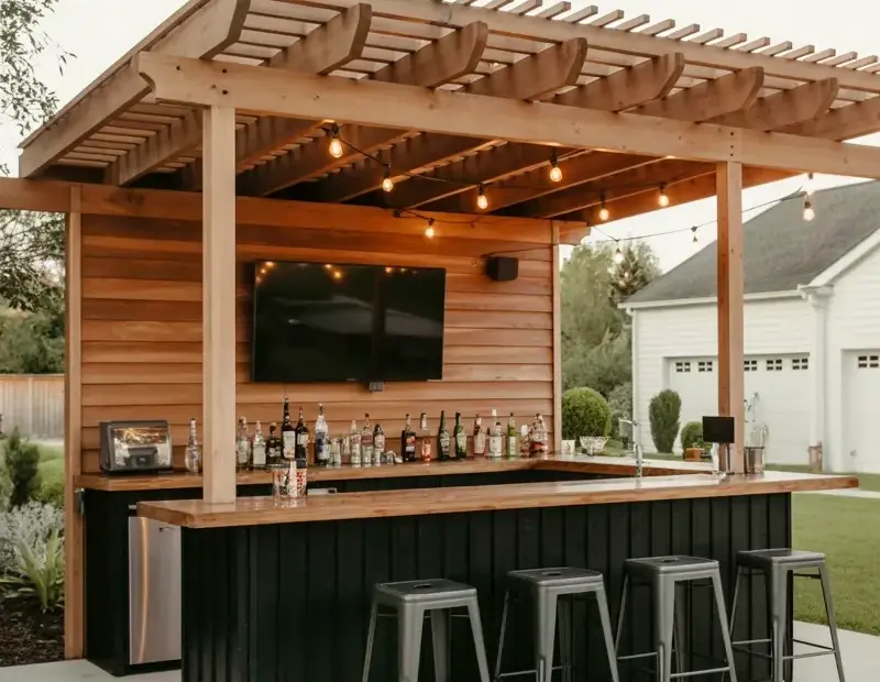 modern outdoor bar pavilion with TV and cedar siding – backyard entertaining setup