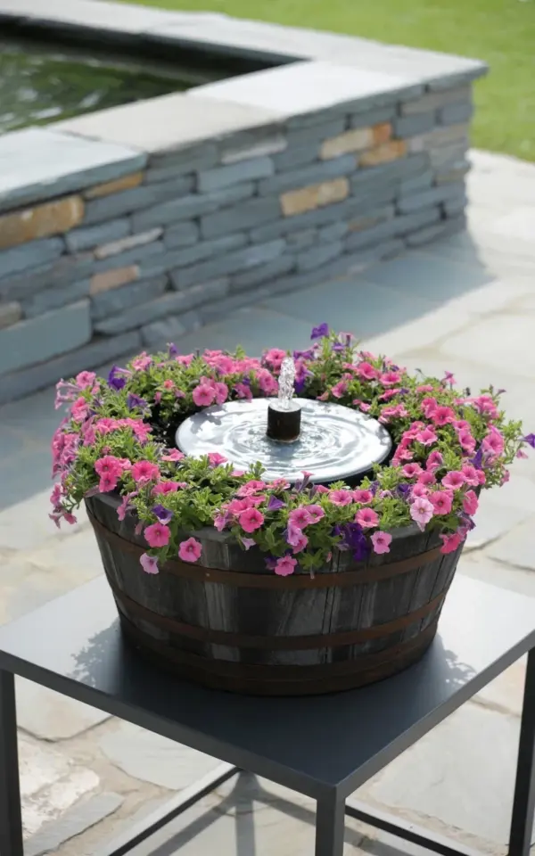 Outdoor Water Feature in a Barrel Planter with Petunias | Relaxing Patio Fountain Idea