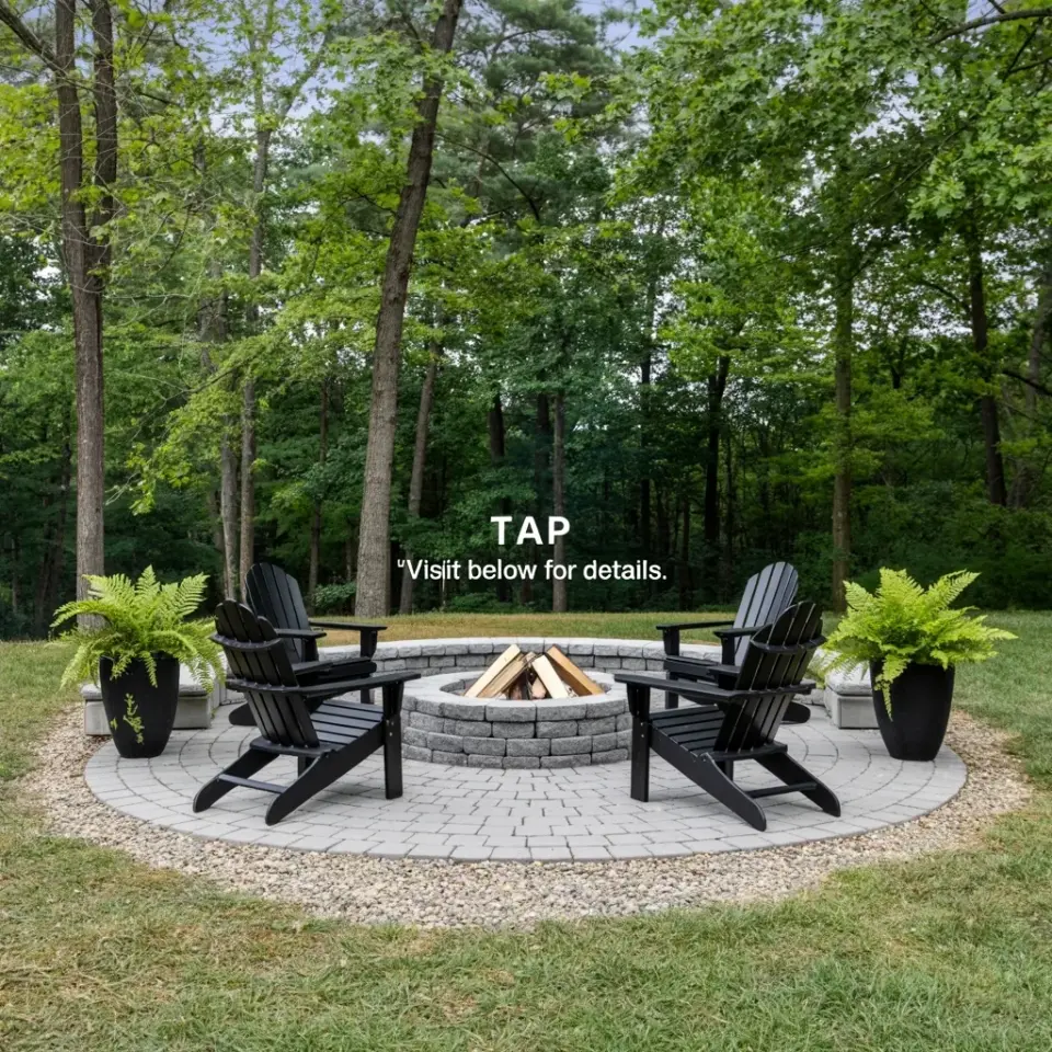 Outdoor Fire Pit Area with Adirondack Chairs Surrounded by Trees | Cozy Backyard Seating