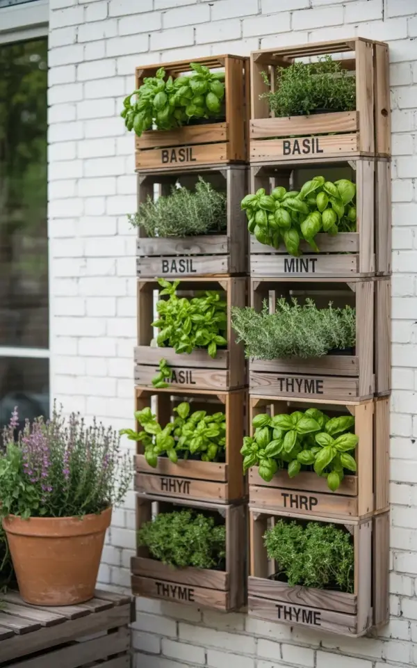 Vertical herb garden before and after: weathered crate wall with basil, mint & thyme
