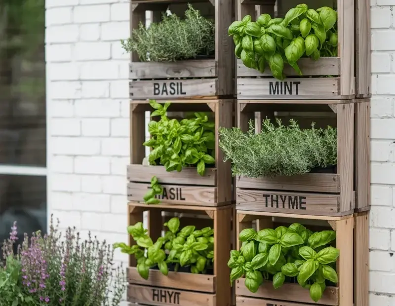 Vertical herb garden before and after: weathered crate wall with basil, mint & thyme