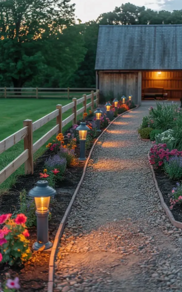 Black metal garden lanterns lighting a gravel pathway at dusk