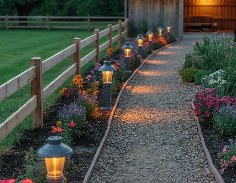 Black metal garden lanterns lighting a gravel pathway at dusk