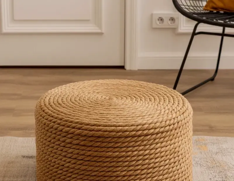 Cozy Fall Small Patio Ideas with a Round Jute Ottoman