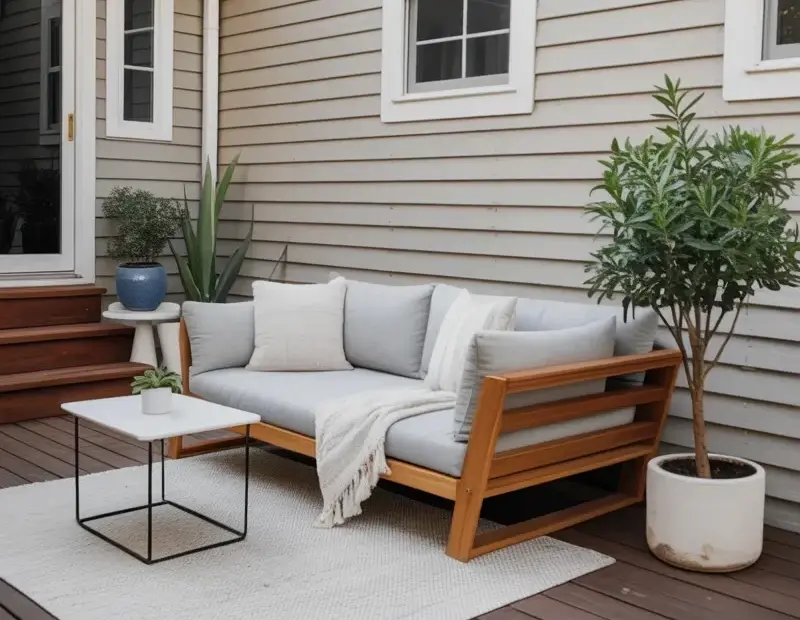Outdoor Daybed on a Modern Deck - Cozy Wooden Couch with Plants