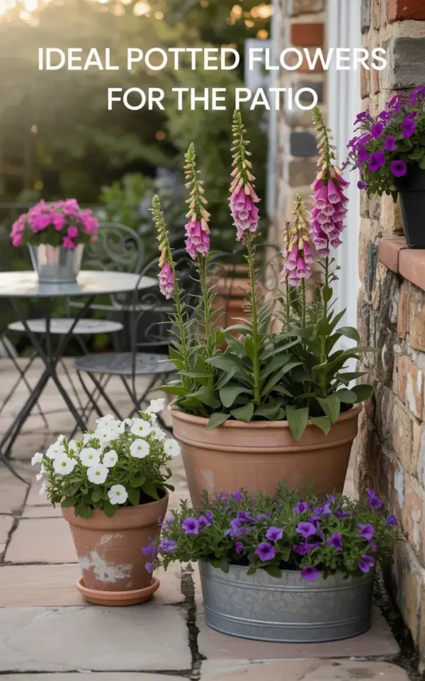 Potted Flowers for the Patio: Summer Container Garden with Pink Foxgloves & Petunias