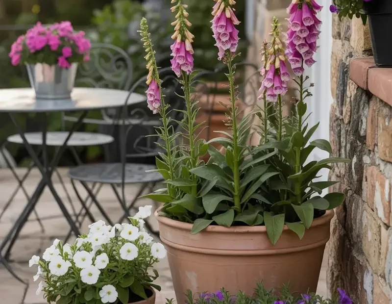 Potted Flowers for the Patio: Summer Container Garden with Pink Foxgloves & Petunias