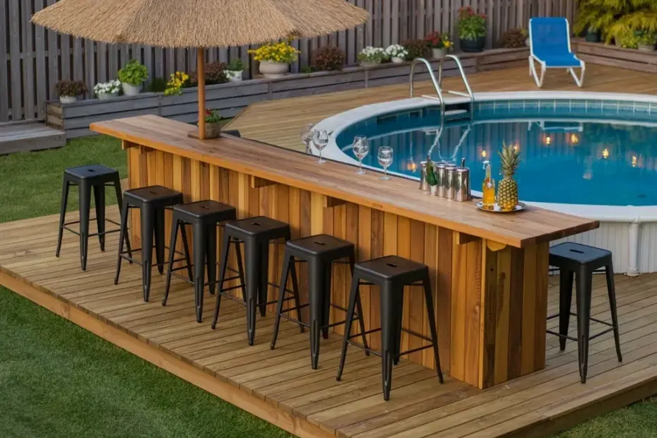 Cozy Backyard Poolside Bar Setup with String Lights and Wooden Counter