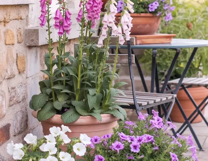 Patio Potted Flowers: Foxgloves & Petunias in Containers for Summer