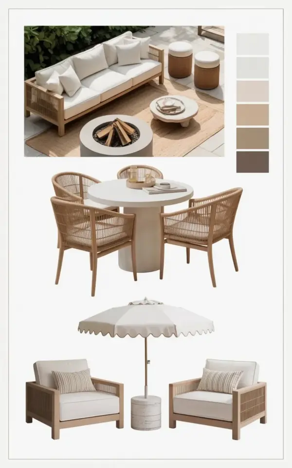 Neutral outdoor living room ideas with a jute rug and rattan dining set