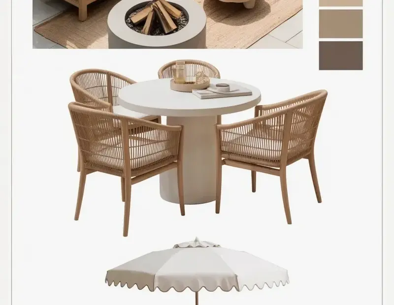 Neutral outdoor living room ideas with a jute rug and rattan dining set