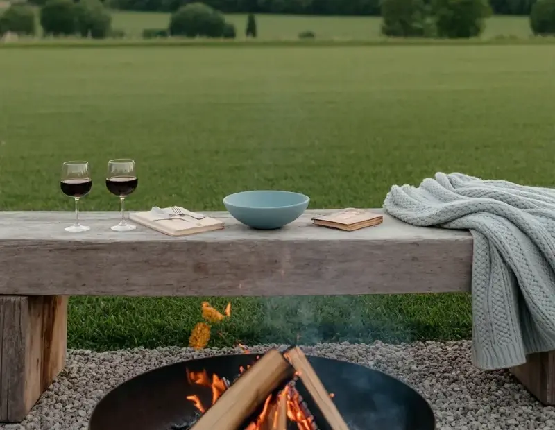 Rustic Outdoor Fire Pit Setup with a Log Table and Wine for Cozy Nights
