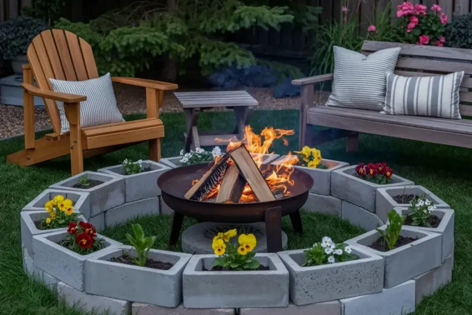 Cozy Backyard Fire Pit with Cinder Block Planter and Adirondack Seating