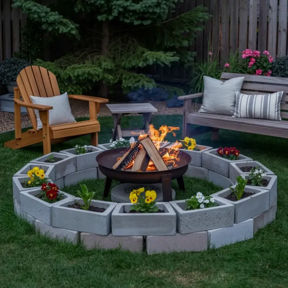 Cozy Backyard Fire Pit with Cinder Block Planter and Adirondack Seating