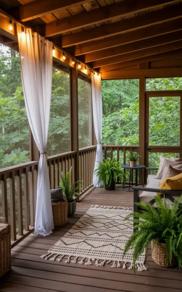 Budget Screened Porch Ideas with String Lights and Ferns