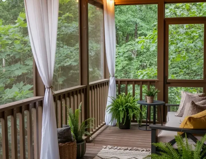 Budget Screened Porch Ideas with String Lights and Ferns