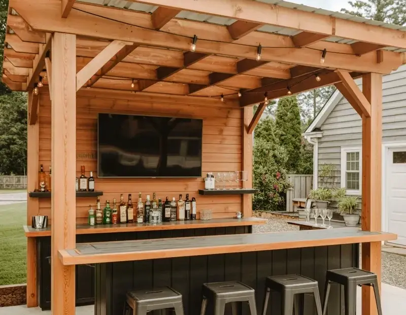 Outdoor Bar Pavilion with Pergola Roof and TV - 8ft Wood Bar & Stools
