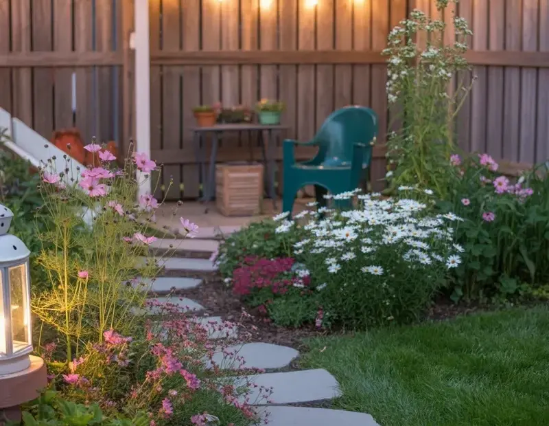 Garden Pathway Ideas for a Cozy Backyard with Flowers and String Lights