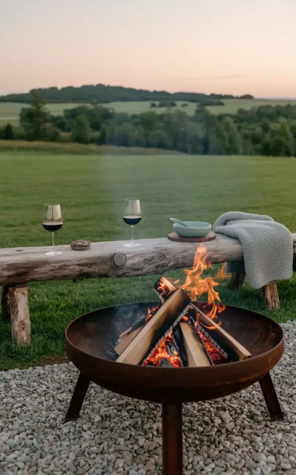 Backyard Fire Pit Evening with Wine on a Rustic Log Table | Cozy Sunset Vibes