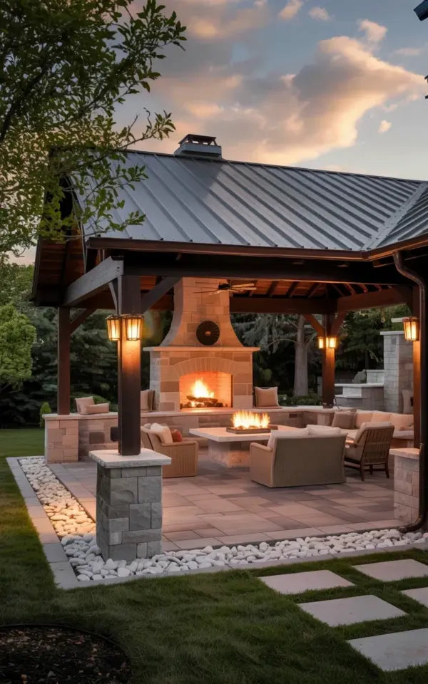 Covered Patio with Stone Fireplace Ideas for Fall Evenings