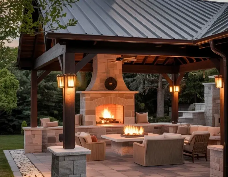 Covered Patio with Stone Fireplace Ideas for Fall Evenings