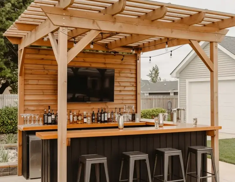 Outdoor Bar Pavilion with TV & Pergola Roof | Backyard Game Day Parties