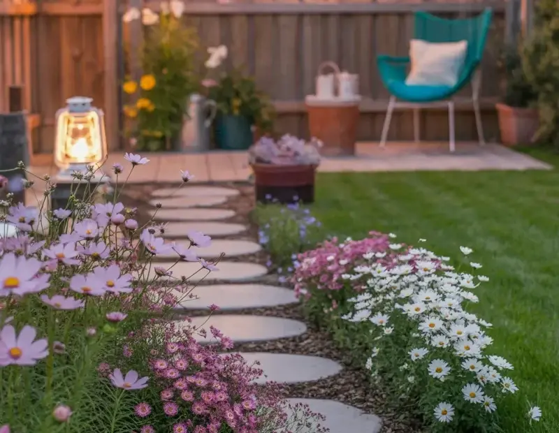 Garden Pathway with Stepping Stones and String Lights