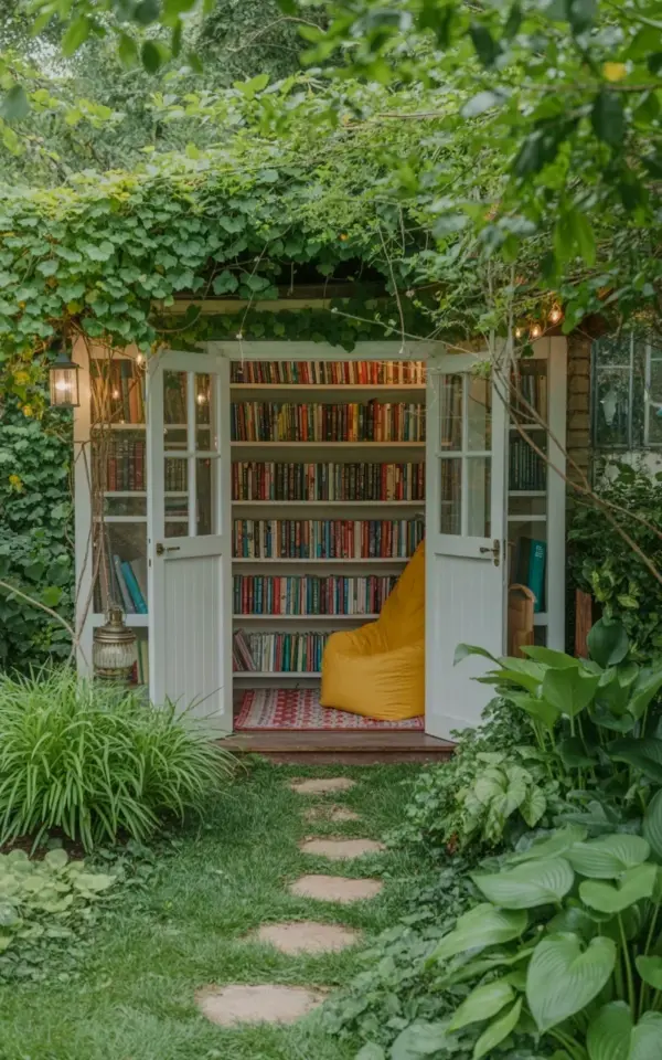 Garden Library Nook: A White Shed with Books, Bean Bag & Stone Path