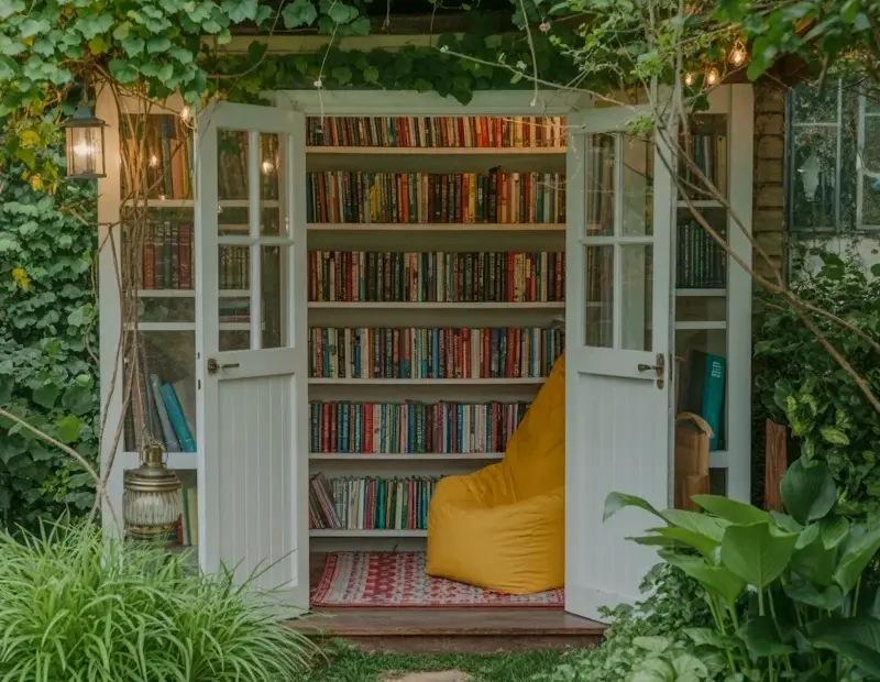 Garden Library Nook: A White Shed with Books, Bean Bag & Stone Path